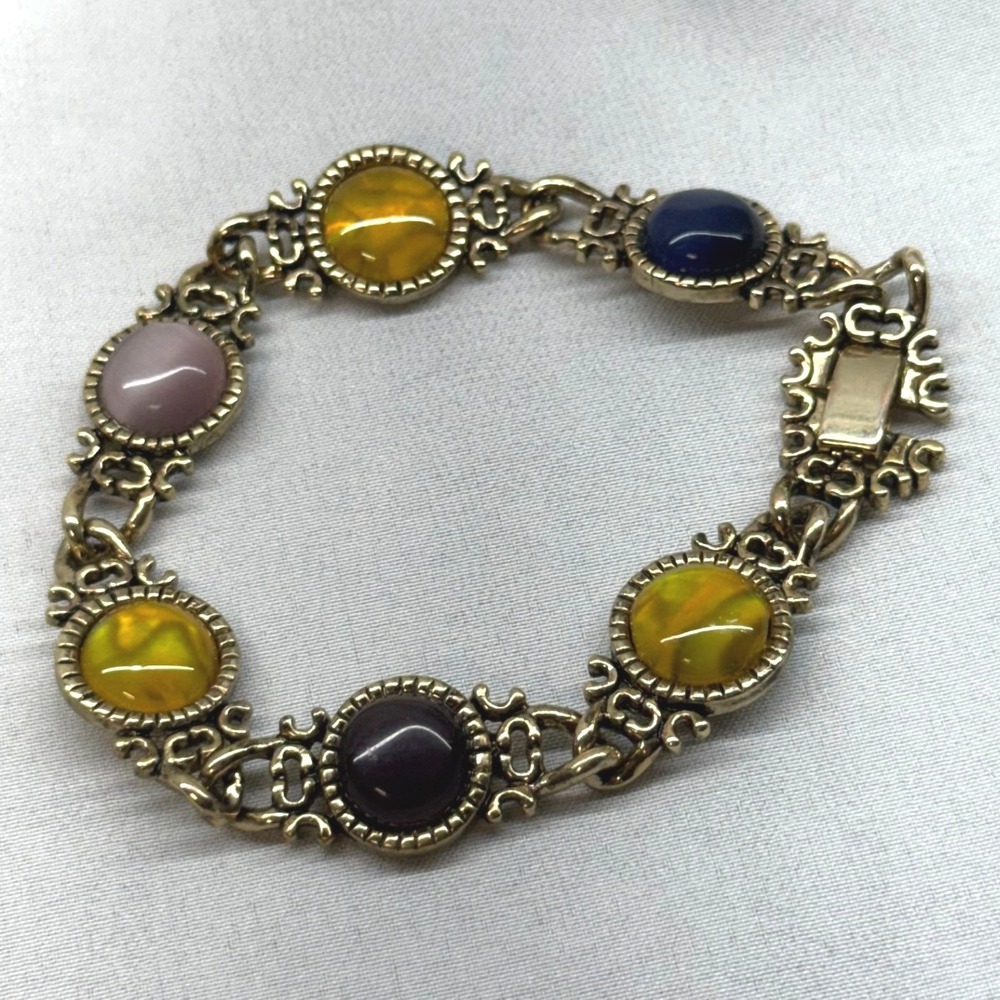 Vintage Cabochon Link Bracelet Womens 7.5 Gold Multi Color Good Ornate Costume
